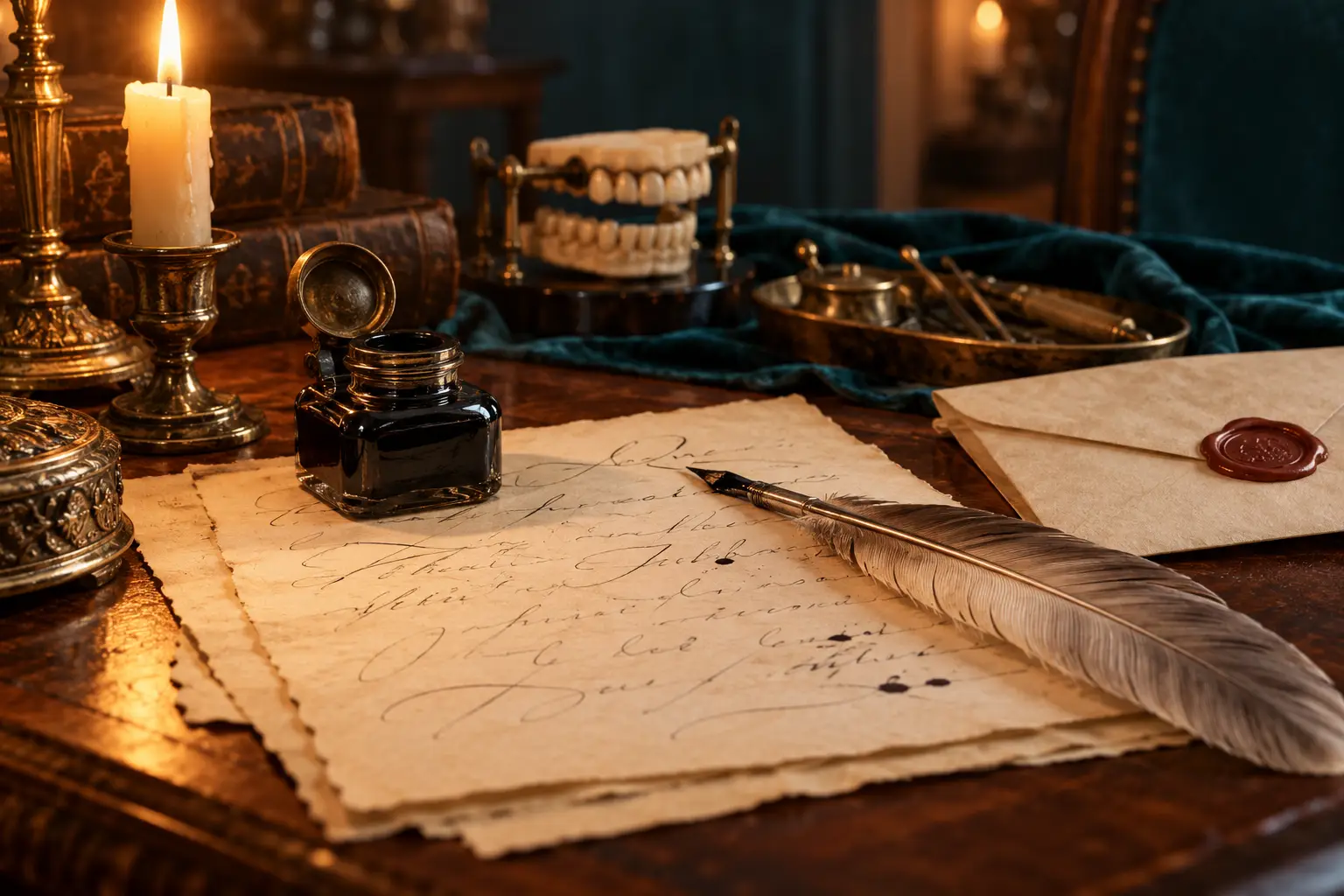 Carta conceptual con pluma sobre un escritorio histórico.