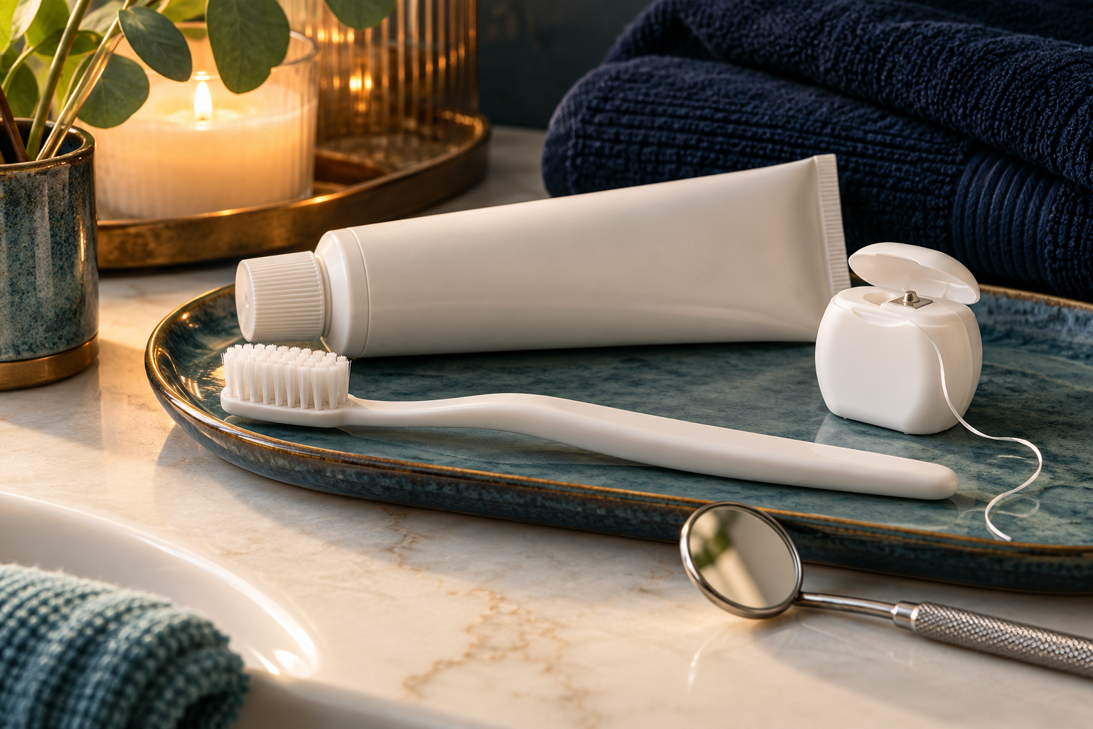 Toothbrush, toothpaste and floss for everyday care